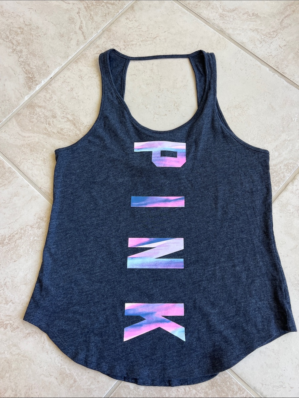 PINK Victoria's Secret Black Tank with Ombre Pink/Blue Lettering